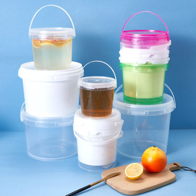 Aufkleber Etikett Druckmethode 1L Plastik weißer Eimer mit Deckel und Griff